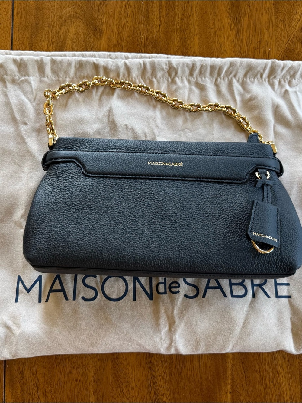 MAISON de SABRÉ Black Pebbled Leather Shoulder Bag with Gold Chain Strap
